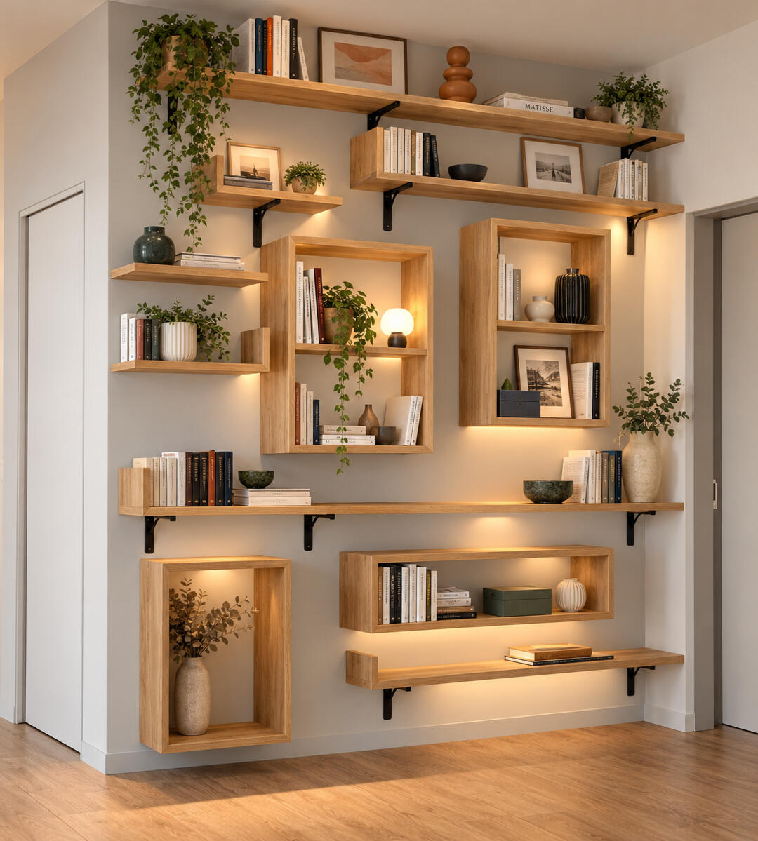 Bibliothèque murale sur mesure en bois avec niches et éclairage intégré, Eaubonne